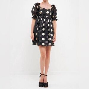 NWT Nordstrom Rack Dress, S Black Silver Polka Dot English Factory